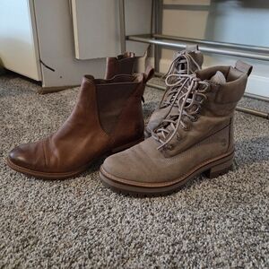 Timberland Leather Winter Ankle Boots 2 Pairs Size 8 Suede Lace Up Brown Taupe